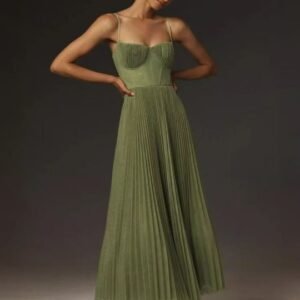 pleated spaghetti strap bustier fit & flare maxi dress
